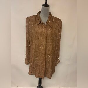 Roman’s Vintage Sequin Blouse Bling Glam Festive Brown Women’s Plus SZ B4(2X)